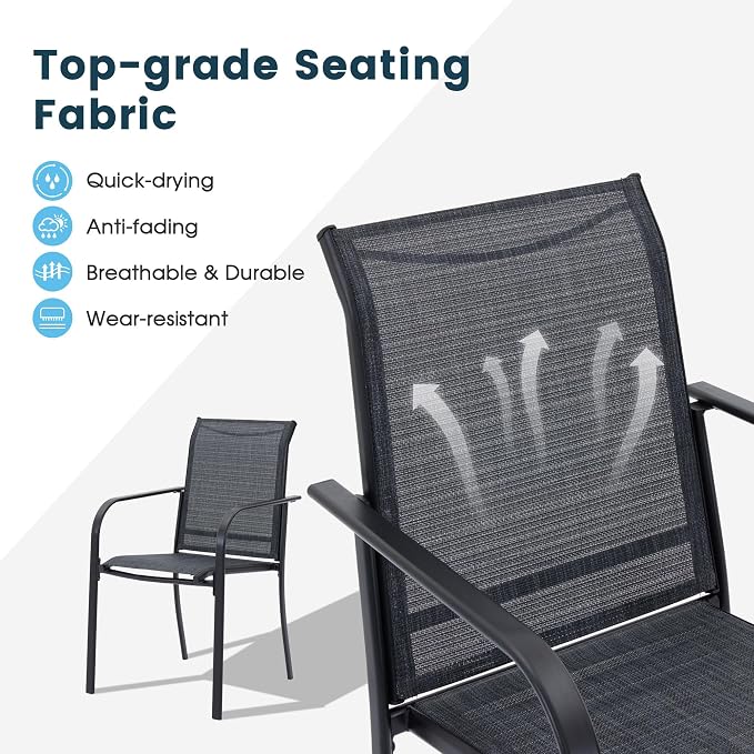 5 Pieces Patio Dining Set, 38" Square Dining Table with Umbrella Hole, 4 Stackable Textilene Fabric Chairs, Metal Structure for Patio, Porch, Garden(Black Table, Grey Chair)