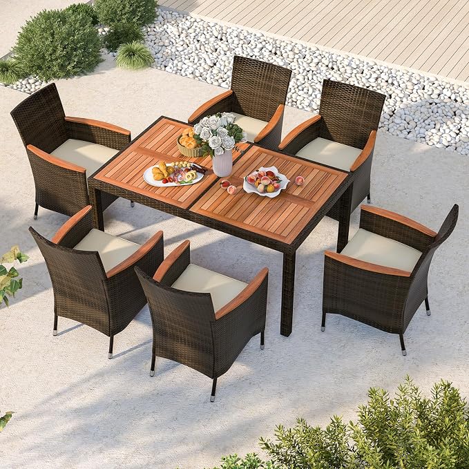 HAPPYGRILL 7 Pieces Rattan Wicker Patio Dining Set, Outdoor Dining Set with Cushions, Large Dining Table with Acacia Wood Top, Outside Dining Furniture Set with Umbrella Hole
