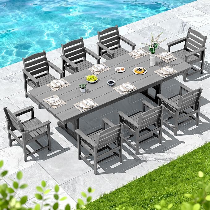 SERWALL 9 Piece Outdoor Dining Set, 84" HDPE Outdoor Table and Chairs for 8，All Weather Patio Furniture Set with Umbrella Hole for Backyard, Garden, Gray