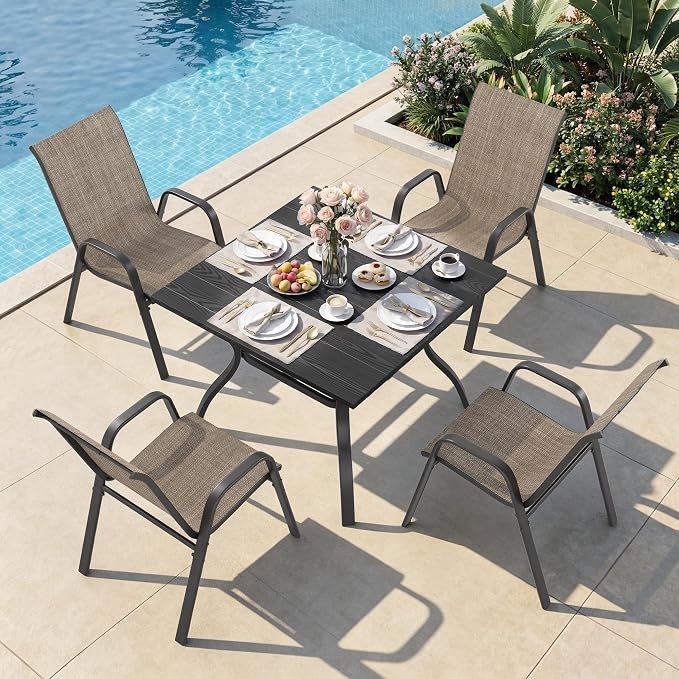Outdoor Patio Dining Set for 4, 5 Pieces Patio Table and Chairs Set with Umbrella Hole, 37.8"x 37.8" Square Metal Wood-Grain Dining Table Set with 4 Stackable Patio Chairs for Deck , Backyard, Porch