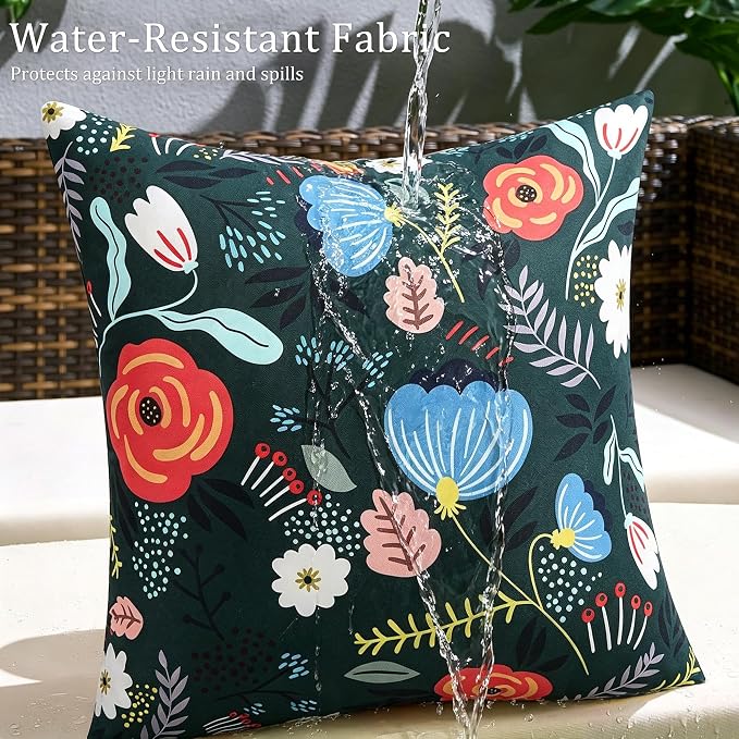 Pyonic Waterproof Outdoor Pillow Covers 18x18 Set of 2, Colorful Floral Decorative Cushion Covers for Patio Furniture, Garden, Balcony,Sunbrella， Boho Nordic Outdoor Indoor Home Decor,Dark Green