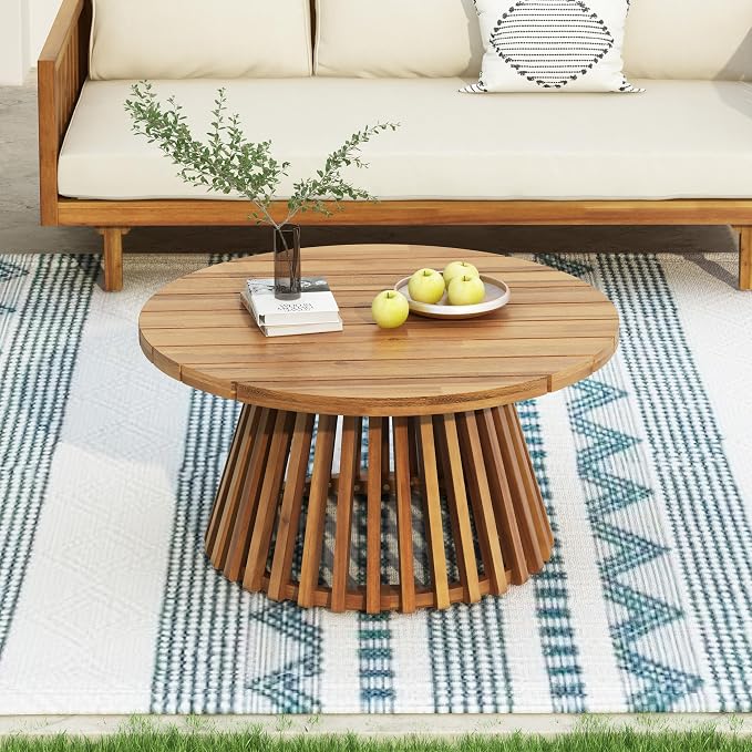 Merax Outdoor Acacia Wood Conversation Set - Patio 3-Seat Loveseat Sofa w/Coushion and Round Coffee Table for Backyard, Lawn, Balcony, Teak+Beige