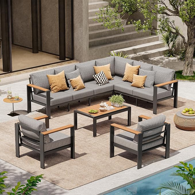 Aluminum Outdoor Patio Furniture Set, 8 Seats Patio Conversation Sets, Oversized Outdoor Sectional with Washable Thick Cushions & Coffee Table for Backyard, Garden and Poolside, Gray