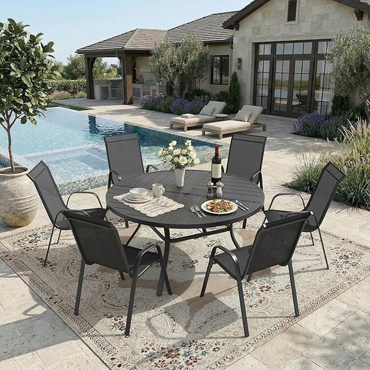 DIFY 7 Piece Outdoor Dining Set, 50" Black Round Metal Dining Table and Dark Grey Textilene Stackable Patio Chairs, Patio Table and Chairs Set for 6 with Umbrella Hole for Backyard Garden Deck