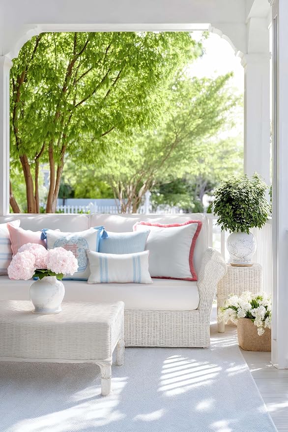 Hofdeco Premium Coastal Grandmillennial Patio Indoor Outdoor Lumbar Pillow Cover Only, 12"x20" Water Repellent for Backyard, Couch, Poolside, Baby Blue Pink Print Leaf Striped