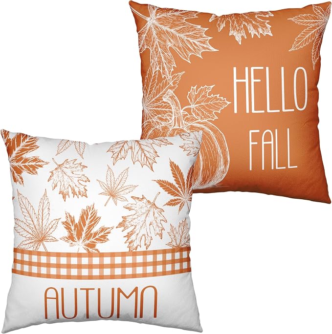 Hello Fall Pillow Covers Burnt Orange Maple Leaves Pumpkin Throw Pillow Covers 16x16 Set of 2 Autumn Pillowcase Double Sided Printing Cushion Case for Home Decor Couch Sofa