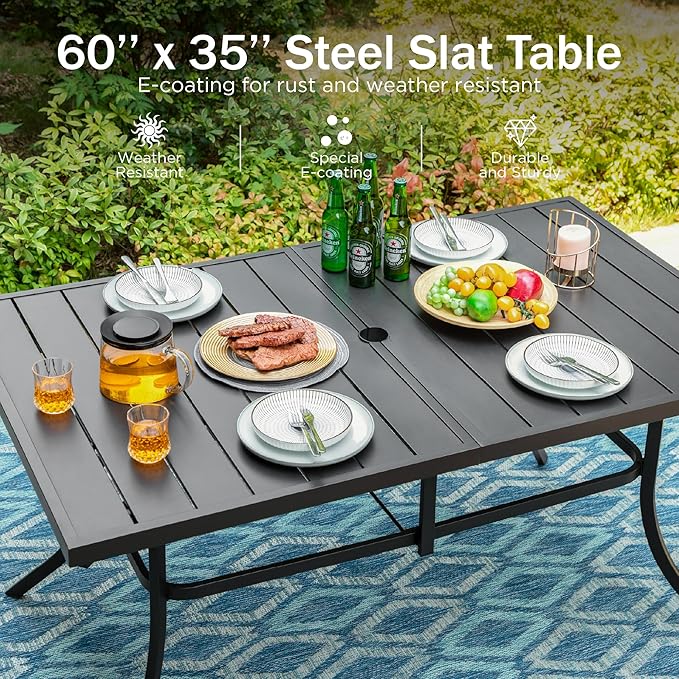PHI VILLA 8 Pcs Outdoor Dining Set with 13ft Umbrella, Mesh Patio Chairs | 59'' rectangular metal table, 6 textilene chairs and 13ft navy blue umbrella(NO BASE), all-weather for deck, garden, backyard