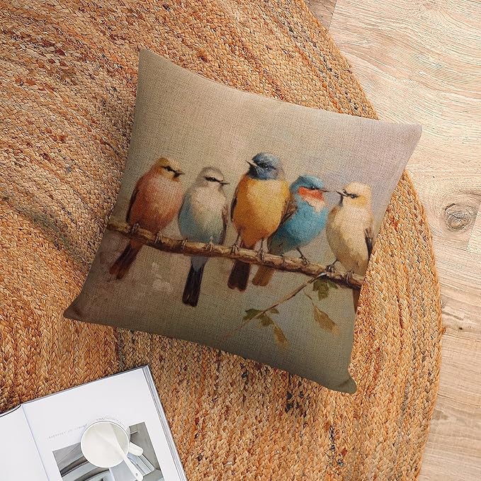 Linen Cushion Case Outdoor Home Decoration Oil Birds Tree Cushion Case Colorful Birds are Sitting on A Branch Throw Pillowcase for Farmhouse Decor Room Bedroom Sofa Chair Car 16"x16"