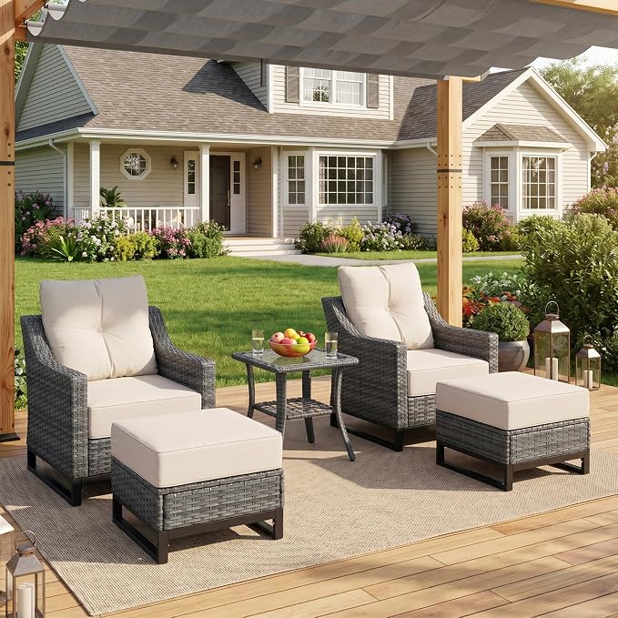 5 Pieces Patio Furniture Set, PE Rattan Patio Set with Soft Cushions & Side Table,All Weather Outside Furniture with Ottoman for Porch, Garden, Backyard