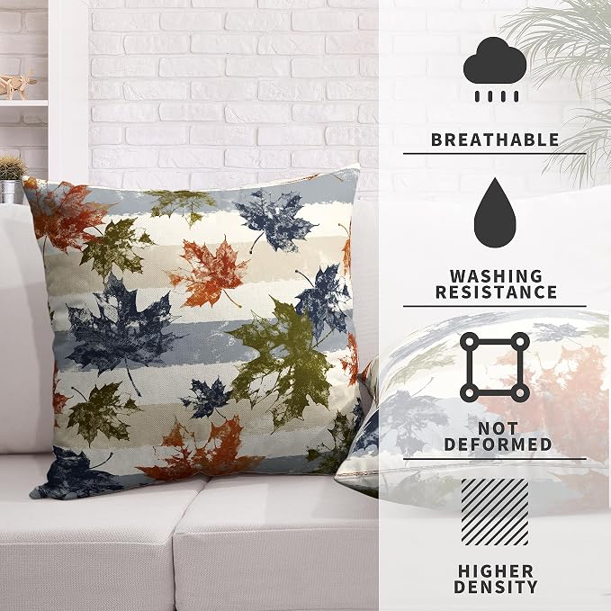 Thanksgiving Autunm Pillow Cover Fall Leaves Throw Pillow Covers 24x24 Maple Leaf Decor Pillow Case Blue Beige White Stripes Pillowcase for Living Room Couch Outdoor Set of 2