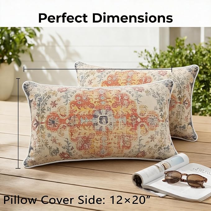 JMGBird Outdoor Pillow Covers with Inserts 12x20 Outdoor Lumbar Pillow | Boho pillows Decorative Throw Pillows Water Resistant ,Outdoor throw pillow