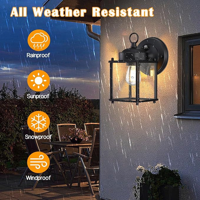 Outdoor Wall Light, Porch Lamp, Dusk to Dawn, Black | Exterior Wall Sconce Fixture for House, Garage, Patio, Rustproof Waterproof, Metal Housing with Glass, E26 Base, 2 Pack