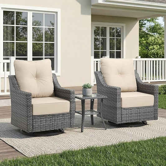 3 Piece Patio Furniture Set, Grey Wicker Outdoor Conversation Set with 2 Swivel Rocker Chairs and Side Table, 6-Inch Thick Cushions, High Back Seating, Beige Covers for Porch, Deck