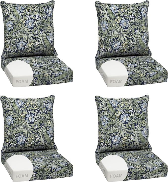 Arden Outdoor Deep Seat Cushion Set, Foam, 24x24, Sapphire Morrison Floral | 4-Pack, Sofa, Couch, Conversation Set, Premium High-Density Foam, Never Flattens, Mold and Mildew Resistant