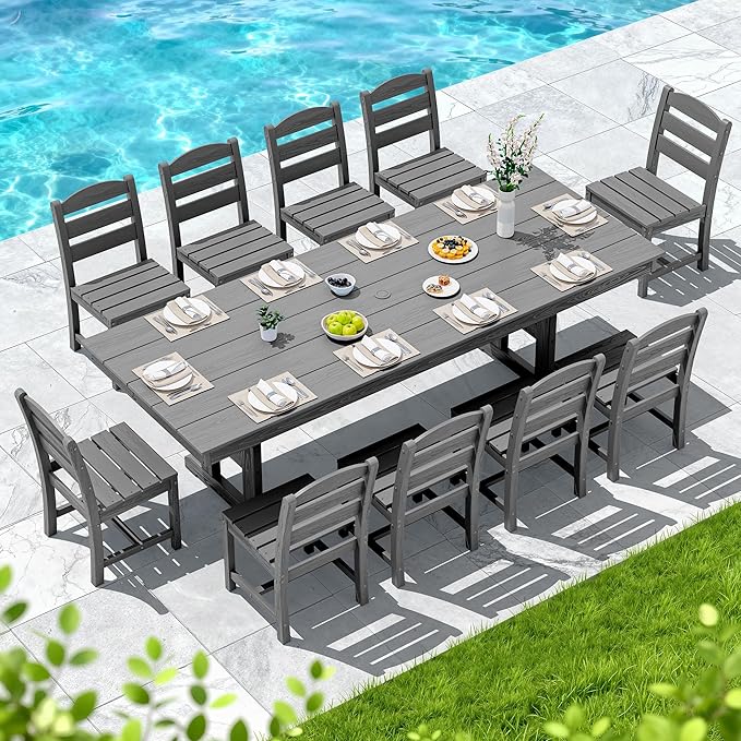 SERWALL Outdoor Armless Dining Chairs Set of 4, All-Weather HDPE Patio Chair with 19.7" Widened Seat, for Backyard, Garden, Gray