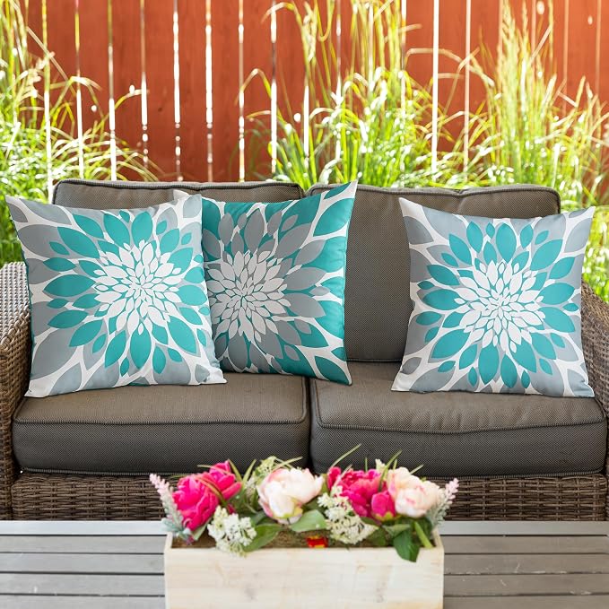Pack of 4 Outdoor Waterproof Pillow Covers 16x16 Decorative Outdoor Throw Pillows Garden Square Cushion Cases for Patio Furniture, Couch, Tent Sunbrella, Bench, Teal Turquoise Grey