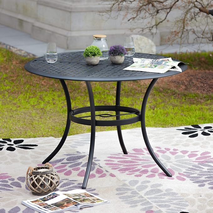 LOKATSE HOME 42.1'' Outdoor Patio Bistro Metal Wrought Iron Round Dining Table with Umbrella Hole - Black