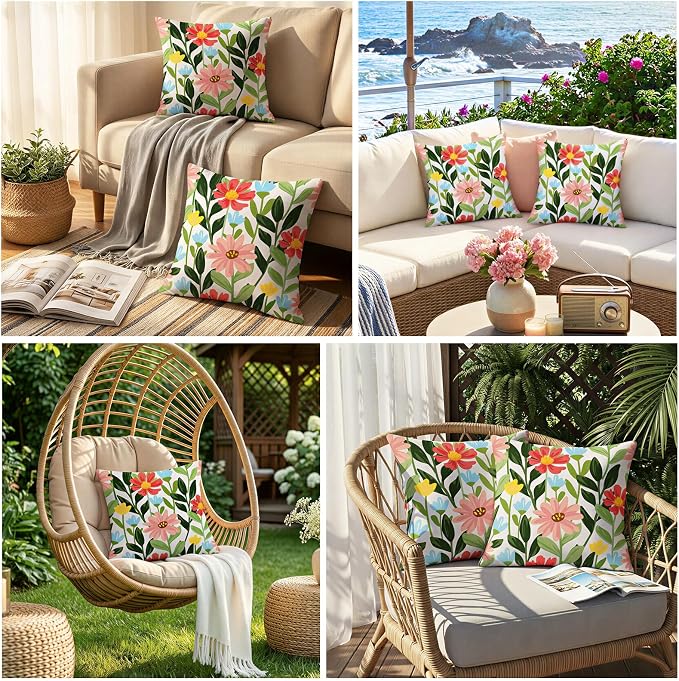 Lewondr Summer Floral Waterproof Outdoor Pillow Covers, 2 Pack, 18"×18" | Spring Summer Floral Waterproof Throw Pillow Covers for Patio Furniture Garden Square Outdoor Decorative Pillow Covers
