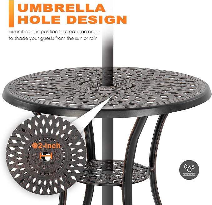 NUU GARDEN 31 Inch Cast Aluminum Patio Bistro Table, Black | Features an umbrella hole, decorative tabletop pattern and durable cast aluminum construction for outdoor use