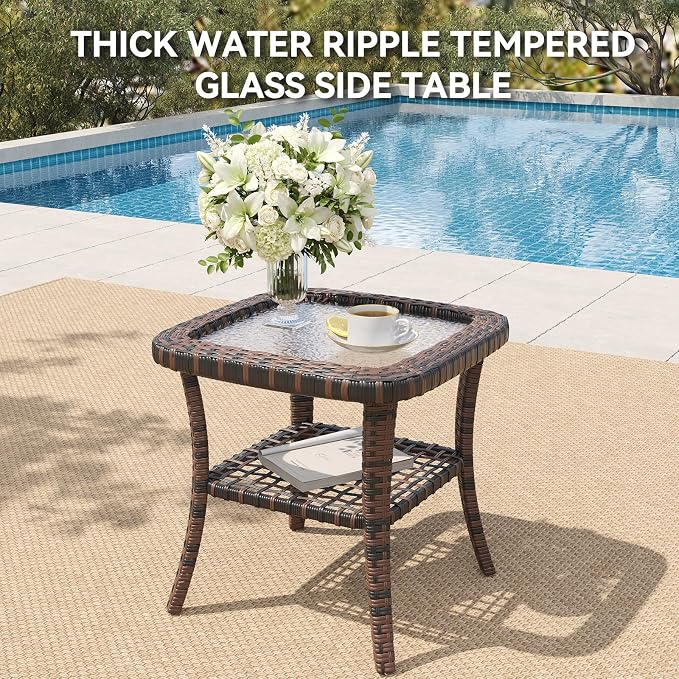 LazySunsets 7 Piece Outdoor Patio Furniture Set with 44'' Fire Pit Table, Wicker Rattan Outdoor Furniture with High Back Swivel Rocker Chairs, Outdoor Sofa Set with Thick Cushions, Navy Blue