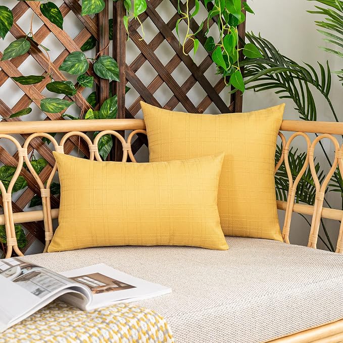 Kevin Textile Outdoor Waterproof 12”x24” Pillow Covers 2 Pack, Yellow | Water Resistant, Soft Faux Linen-cotton Yarn-dyed Woven Texture Throw Pillow Covers for Tent Patio Garden Couch Sofa
