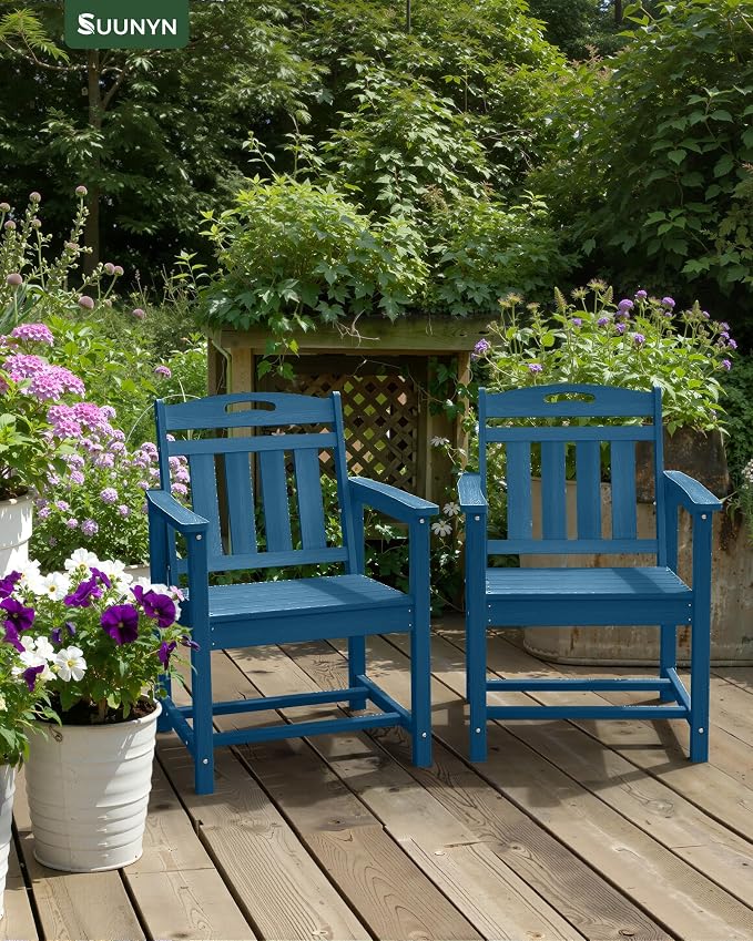 Set of 2 Weatherproof Patio Chairs - HDPE Outdoor Dining Chairs with Wide Seat, Ergonomic Design - for Garden, Backyard, Deck - Navy Blue