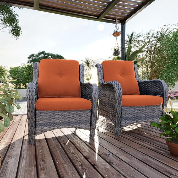 Outdoor Wicker Chair Rattan Patio Dining Chairs Set of 6 PE Wicker Patio Chairs with 4 inch Seat Cushions Patio Seating Chair for Garden, Backyard Swimming Pool, Balcony, Orange