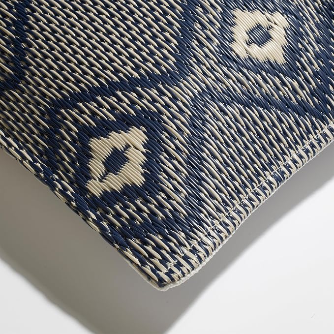 Fab Habitat Outdoor Premium Recycled Plastic Pillow - Waterproof, Fade Resistant - Boho Geometric Diamond - Patio, Porch, Deck, Balcony - Rabat - Blue & Cream - 20" x 20"
