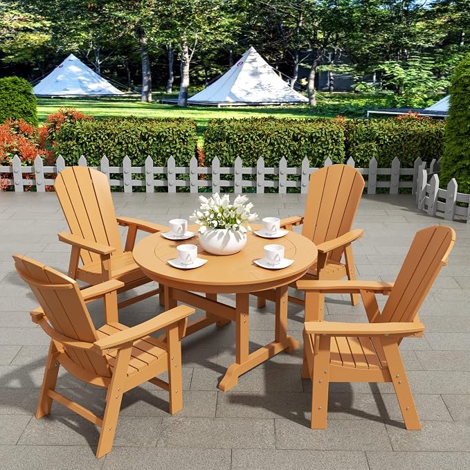 WestinTrends Malibu Patio Dining Table, All Weather Poly Lumber Adirondack 47" Trestle Round Outdoor Table with Umbrella Hole, Teak