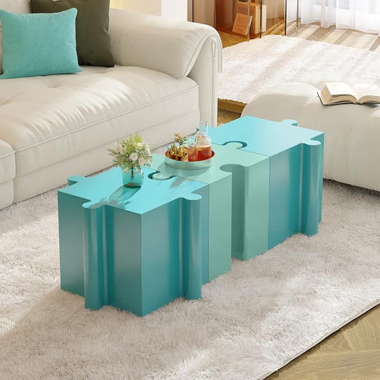 Christopher Knight Home Daton 3 Piece Interlocking Outdoor Side Table Set, Modular Lightweight Concrete Coffee Table, Convertible MGO End Table for Indoor&Outdoor, Creative Set Up,Mint Green+Sky Blue