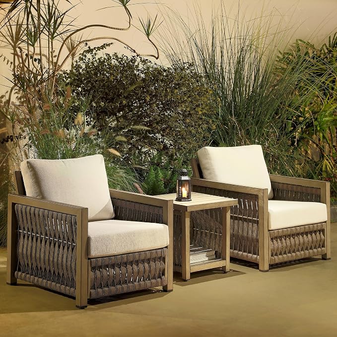 2 Pieces Patio Armchair, Rope Weave Outdoor Chair with Widened Armrests & Thick Cushions, All-Weather Aluminum Deep Seating Chair, Never Rust Patio Furniture for Garden, Porch, Deck, Gray Oak