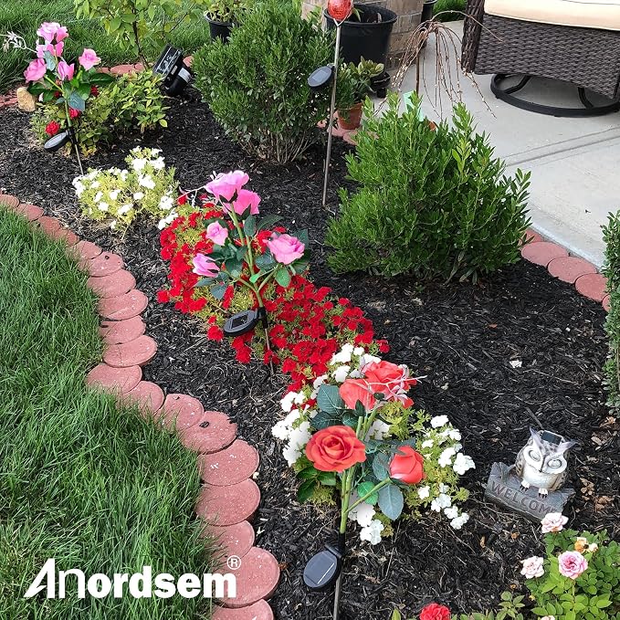 Anordsem Solar Garden Lights Outdoor: Waterproof Fabric Roses - Red LED Flower Decorations for Yard Patio Path Cemetery Grave - Birthday Gifts for Women Mom Wife - 6 Pack Pink