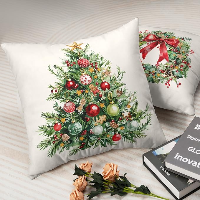 Set of 2 Christmas Tree Pillow Covers Xmas Wreath Throw Pillow Covers Red and Green Decorative Pillow Case 18x18 Winter Holiday Cushion Case for Home Decor Couch Sofa
