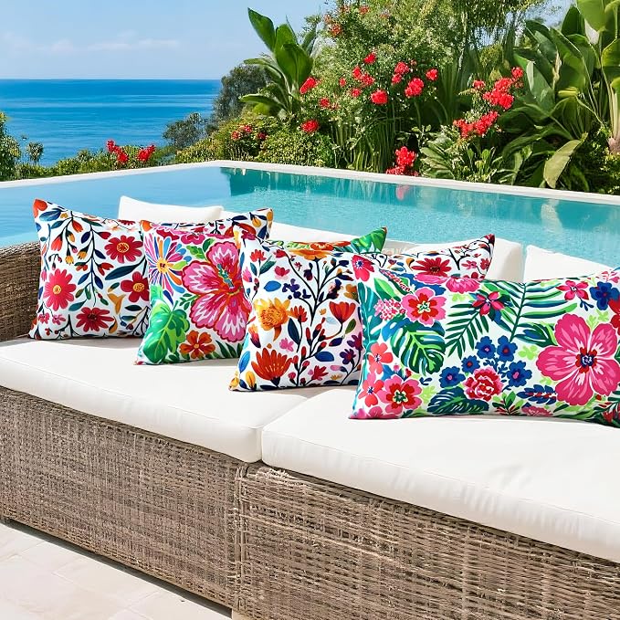 Outdoor Pillow Covers 12x20 Inch Set of 2 Tropical Floral Plants Boho Throw Pillows Cases Waterproof Square Garden Cushion Sham for Patio Funiture Tent Balcony Bench Sofa Couch
