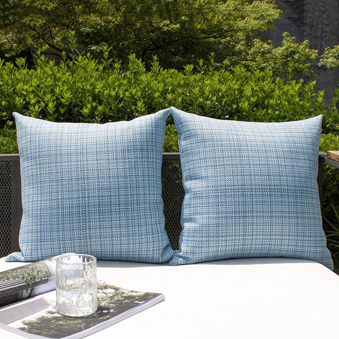 Kevin Textile Outdoor Waterproof 18"x18" Pillow Covers 2 Pack, Light Blue | Water Resistant, Faux Linen Yarn-dyed, Woven Texture Throw Pillow Covers for Tent Patio Garden Couch Sofa