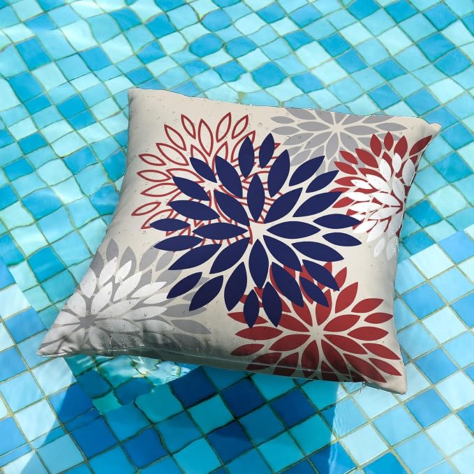 DFXSZ Outdoor Waterproof Pillow Covers 16x16 Set of 2 Blue Red Flower | Spring Summer Waterproof Flower Throw Pillowcases（No Inserts）Decor for 4th of July Patio Funiture Garden Polyester Covers