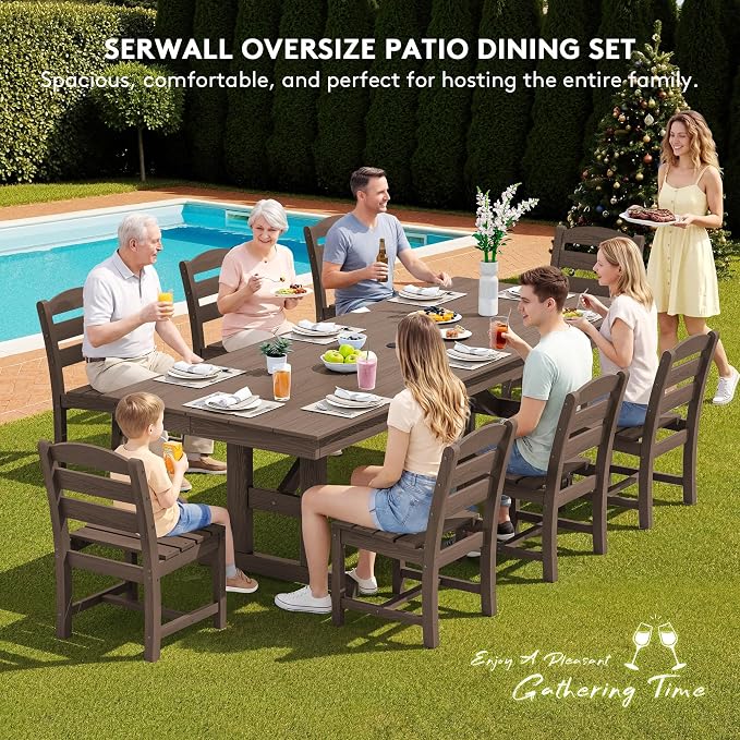 SERWALL 9 Piece Outdoor Dining Set, 84" HDPE Outdoor Table and Armless Chairs Set for 8，All Weather Patio Furniture Set with Umbrella Hole for Backyard, Garden, Brown