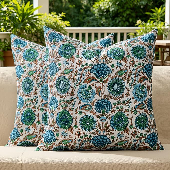 Allorry Outdoor Waterproof Pillow Covers 18x18 Blue Floral Outdoor Decor | Set of 2 Vintage Floral Block Print Pillow Cover,Farmhouse Boho Decorative for Spring Summer Outdoor Sofa Bedroom Decor