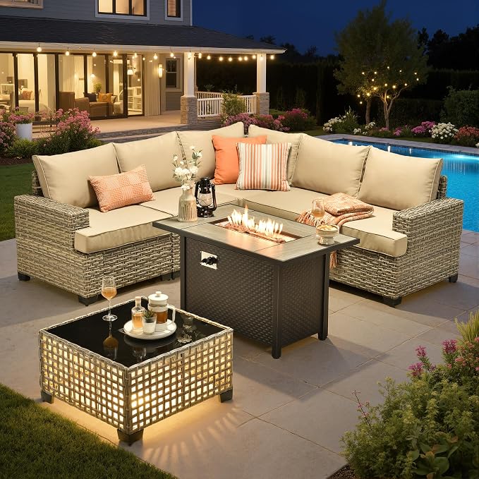 Outdoor Sectional Patio Furniture Set with Fire Pit,7 Pieces Rattan Conversation Sets,Out Door L Shaped Furniture with Glowing Coffee Table,Beige