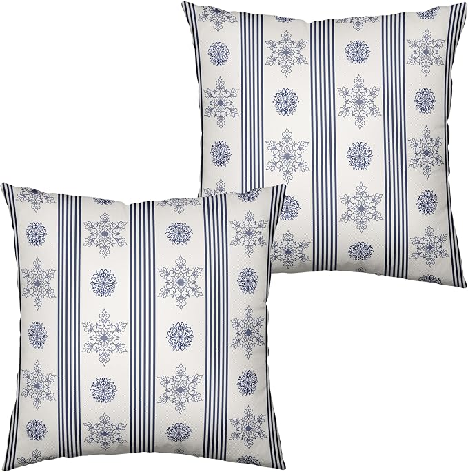 Winter Pillow Covers Blue and White Porcelain Blue Snowflakes Striped Throw Pillow Covers Navy Blue Floral Pillowcase 18x18 Set of 2 Neutral Cushion Case for Couch Sofa