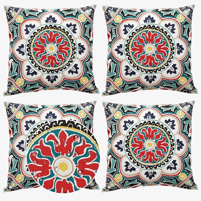 Volans 18" x 18" Outdoor Throw Pillows with Inserts Pack of 4, Waterproof Square Toss Pillows for Backyard, Bed, Couch, and Patio Furniture, Colorful Mandala
