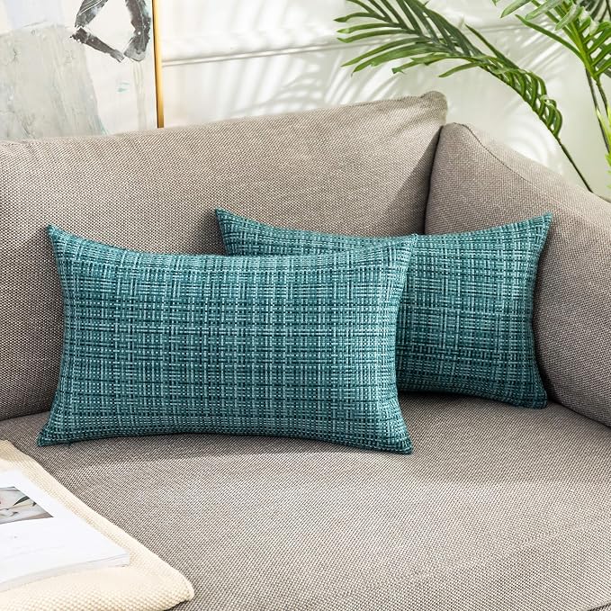 Kevin Textile Outdoor Waterproof 12"x20" Lumbar Pillow Covers 2 Pack, Teal | Water Resistant, Faux Linen Yarn-dyed, Woven Texture Throw Pillow Covers for Tent Patio Garden Couch Sofa