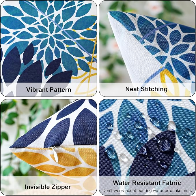 OTOSTAR Outdoor Dark Blue Cyan Yellow Pillow Covers 20x20 Inch Set of 2 Flower Throw Pillows Farmhouse Geometric Dahlia Floral Square Cushion Case Waterproof Decor for Sofa Patio Funiture Garden