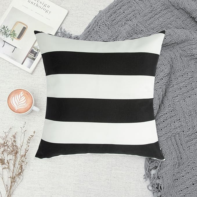 Outdoor Pillow Covers 18x18 Inch Pack of 2, No Insert-Black White Stripe | Square Throw Pillow Covers, Water-Repellent, Modern Pillow Cases for Sofa Patio Couch Decoration