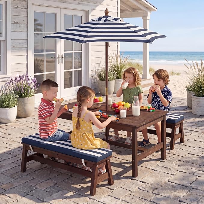 HONEY JOY Kids Picnic Table, Large 42” x 23” Tabletop, Fir Wood Toddler Outdoor Table & Bench Set w/Removable Cushions & Umbrella, Children Backyard Furniture for Patio Garden, Seats for 4 (Blue)