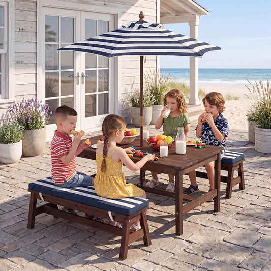 HONEY JOY Kids Picnic Table, Large 42” x 23” Tabletop, Fir Wood Toddler Outdoor Table & Bench Set w/Removable Cushions & Umbrella, Children Backyard Furniture for Patio Garden, Seats for 4 (Blue)