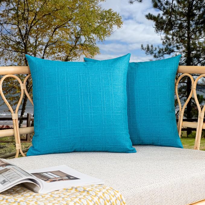 Kevin Textile Outdoor Waterproof 22”x22” Pillow Covers 2 Pack, Peacock Blue | Water Resistant, Soft Faux Linen-cotton Yarn-dyed Woven Texture Throw Pillow Covers for Tent Patio Garden Couch Sofa