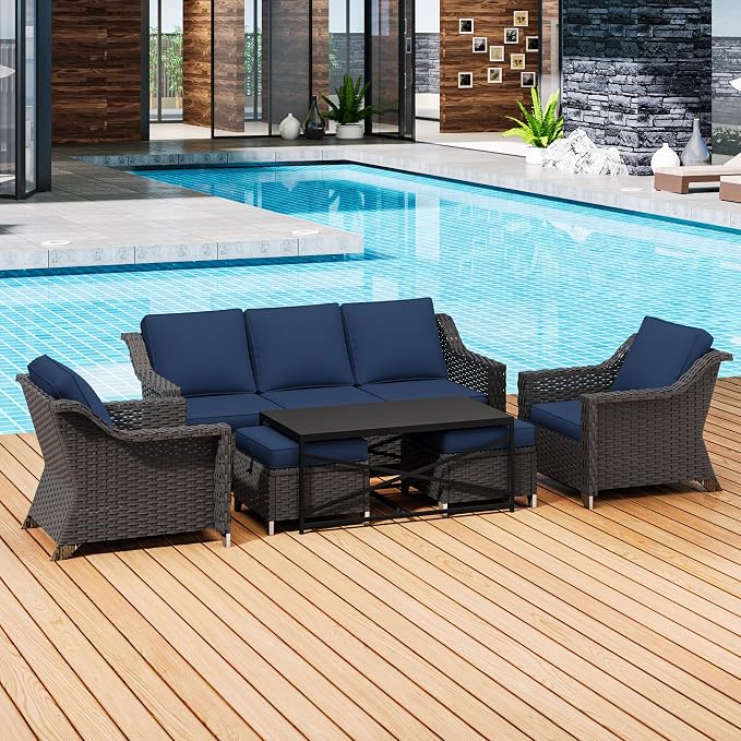6 Pieces Outdoor Conversation Furniture Set - 77" Patio Sofa, 2 Armchairs, 2 Ottomans, 1 Metal Table, Patio Wicker Couch Set with Washable Cushions for Swimming Pool (Navy Blue)