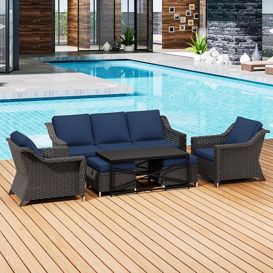 6 Pieces Outdoor Conversation Furniture Set - 77" Patio Sofa, 2 Armchairs, 2 Ottomans, 1 Metal Table, Patio Wicker Couch Set with Washable Cushions for Swimming Pool (Navy Blue)