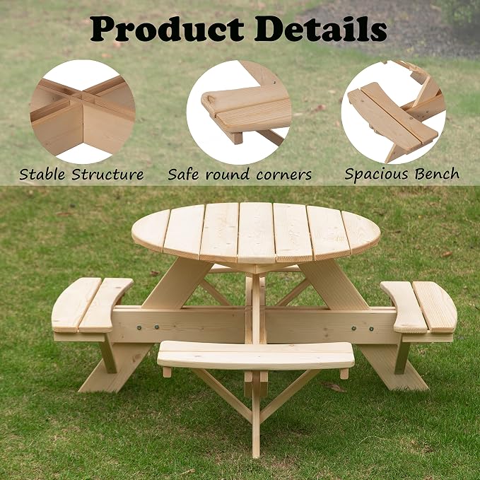 Gardenised Wooden Kids Round Picnic Table Bench, Outdoor Children's Backyard Table, Crafting, Dining, and Playtime Patio Table